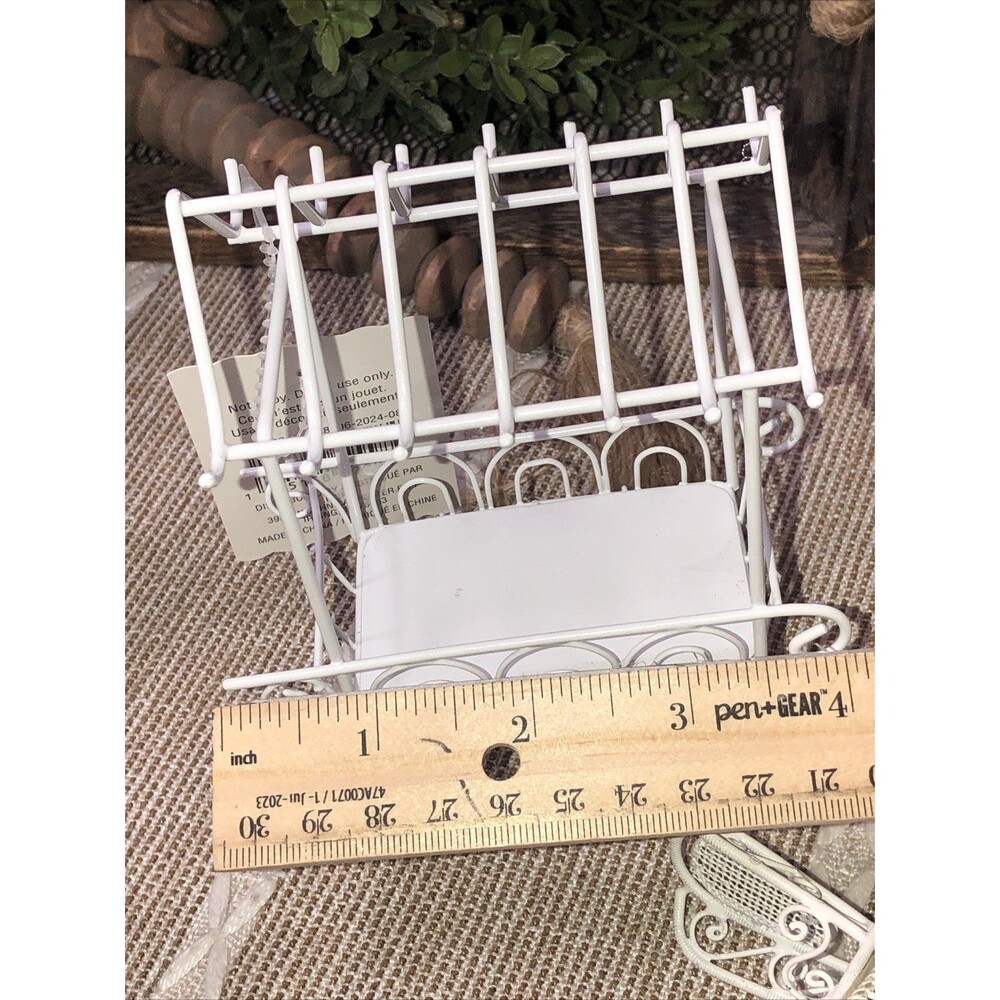 6 Pcs Miniatures White Metal Flower Cart, 2 Pedestals, Metal Chair and 2 Tables - Picture 13 of 16